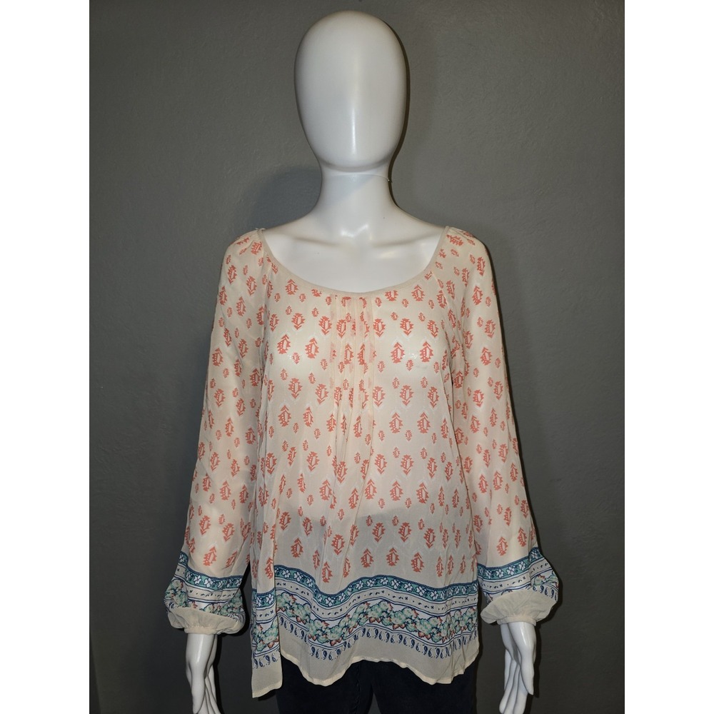 Blu Pepper Sheer Boho Chic Geometric Floral Tunic Blouse Embroidery Womens Sz S